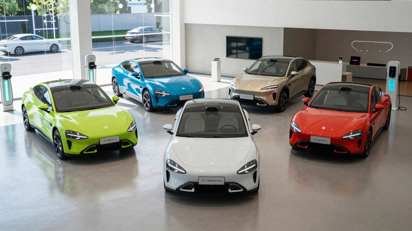 Fünf farbige Elektroautos in einem modernen Showroom mit Ladestationen und grossem Fenster im Hintergrund.