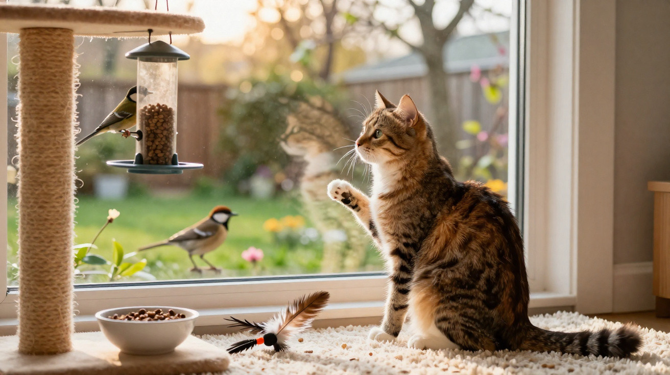 Katze sitzt am Fenster und beobachtet zwei Vögel am Vogelfutterhaus im Garten bei Sonnenschein.