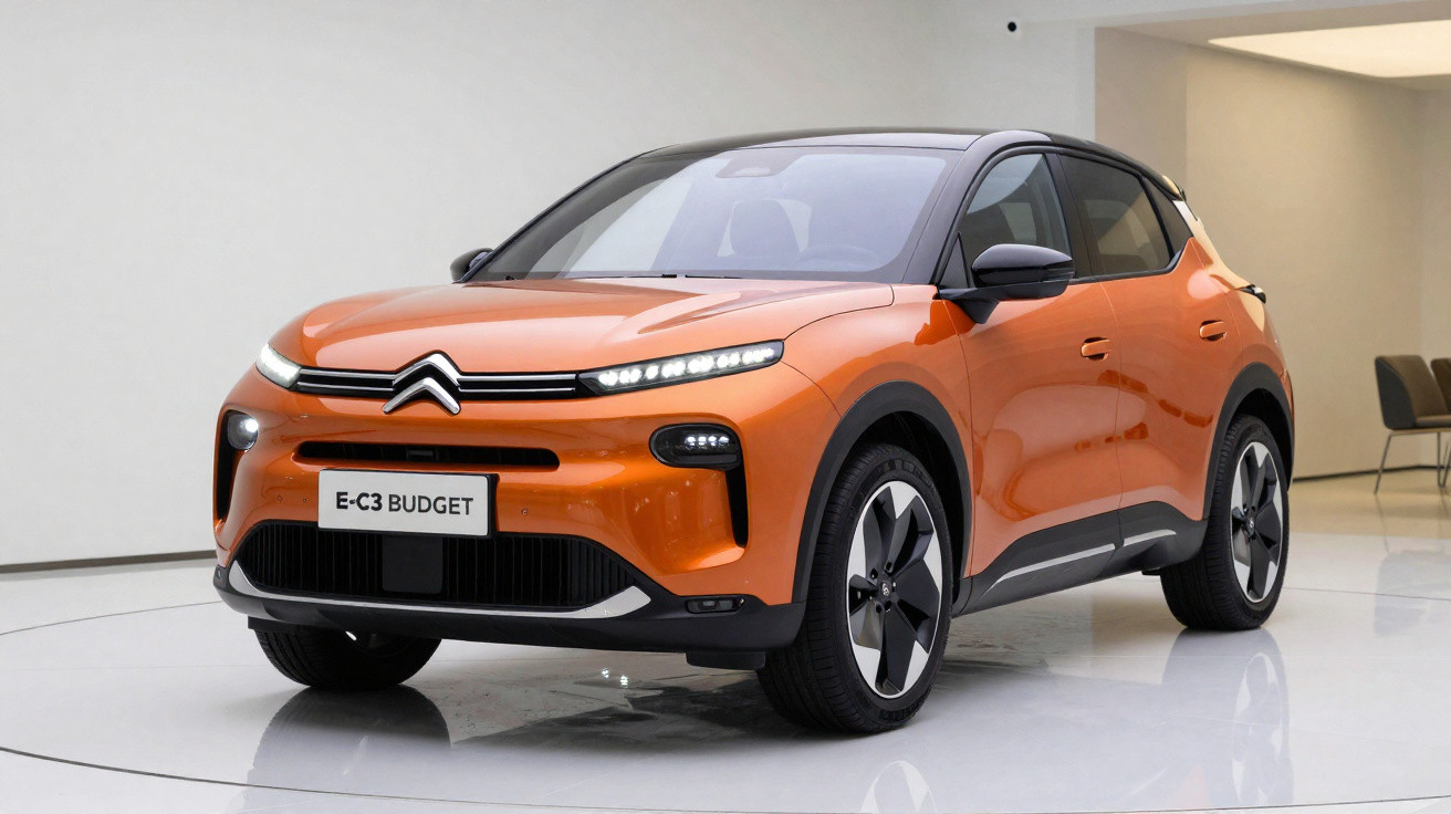 Oranger Citroën E-C3 Budget Elektroauto in modernem Showroom mit hellen Wänden und glänzendem Boden.