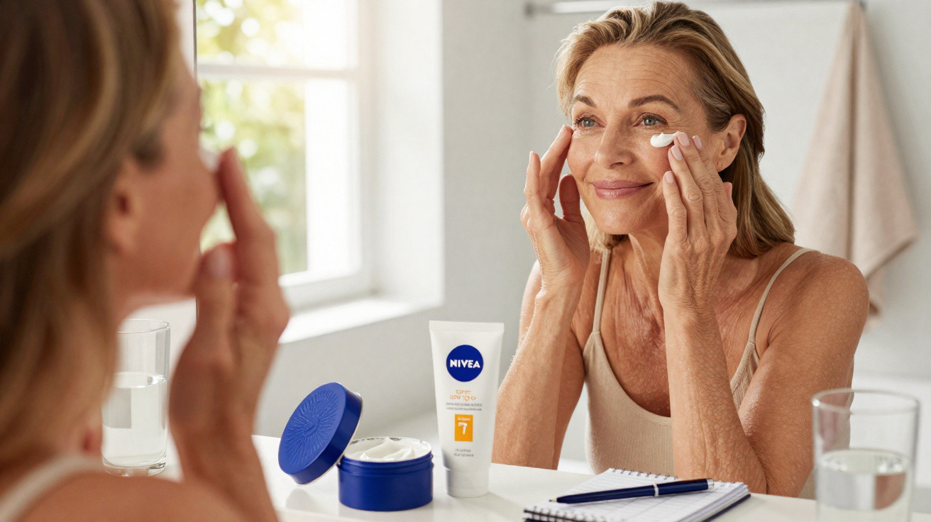Ältere Frau trägt Nivea Gesichtscreme im Badezimmer vor Spiegel auf.