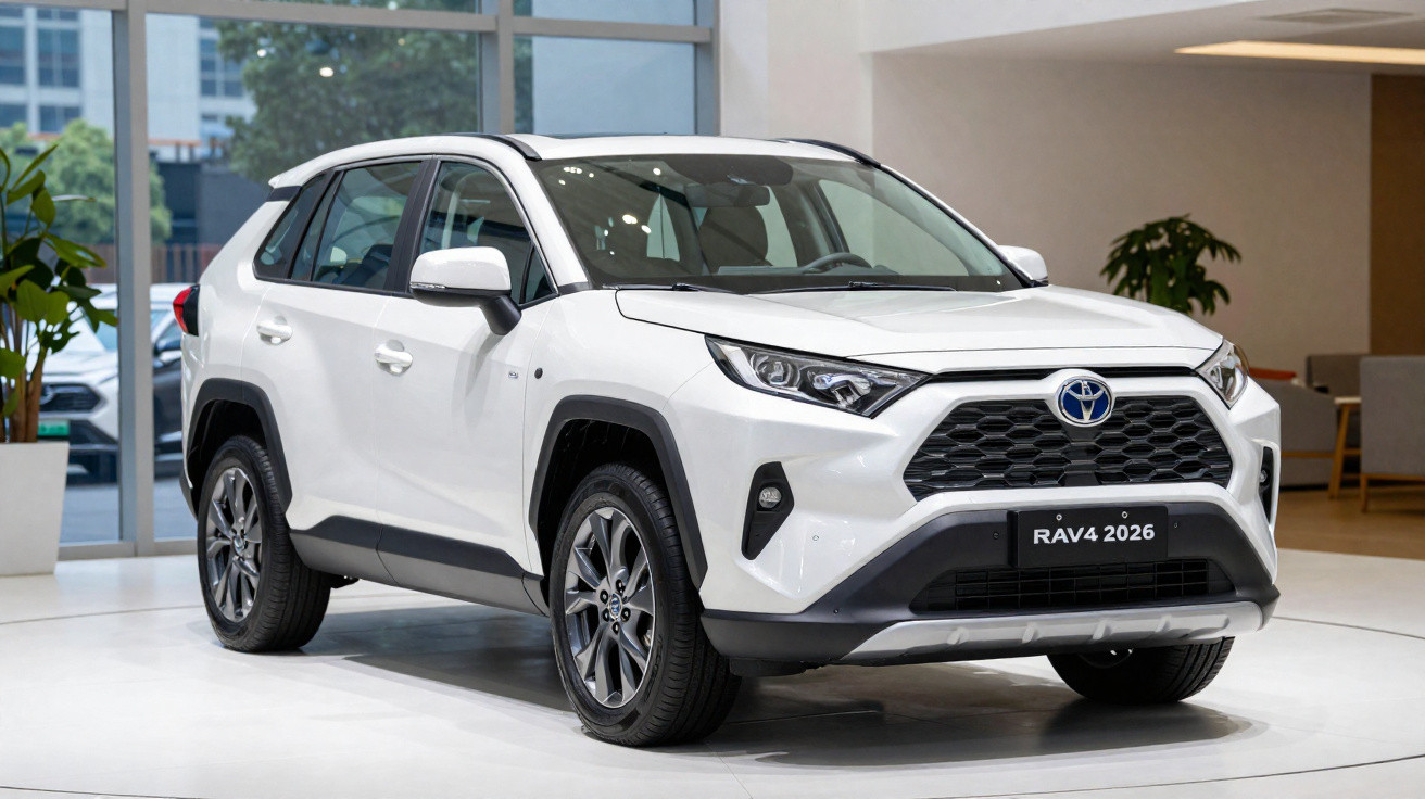 Weisser Toyota RAV4 2026 SUV im Autohaus vor Fenstern mit Pflanzen und Möbeln im Hintergrund.