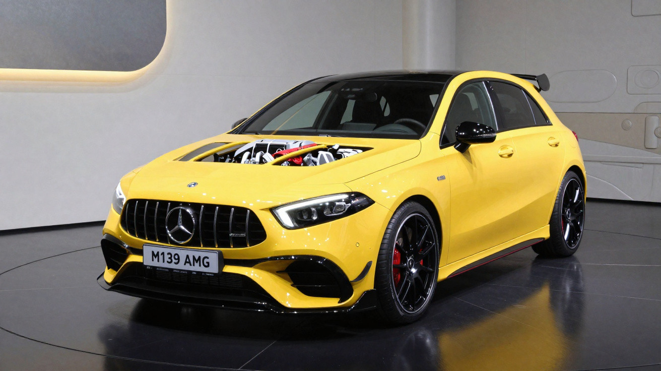 Gelber Mercedes-AMG mit sichtbarem Motor unter offener Motorhaube, stehend in modernem Studio