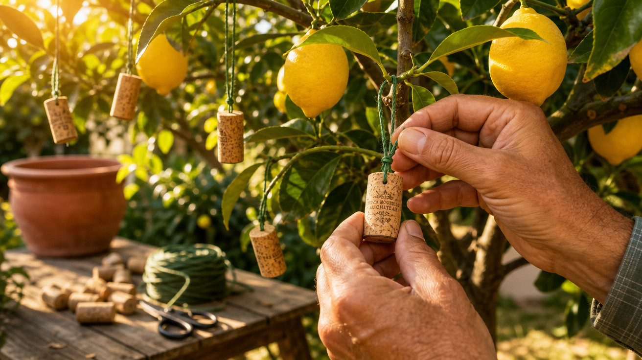 Mann hängt Korken mit Schnur an Zitronenbaum im Garten bei Sonnenlicht auf.
