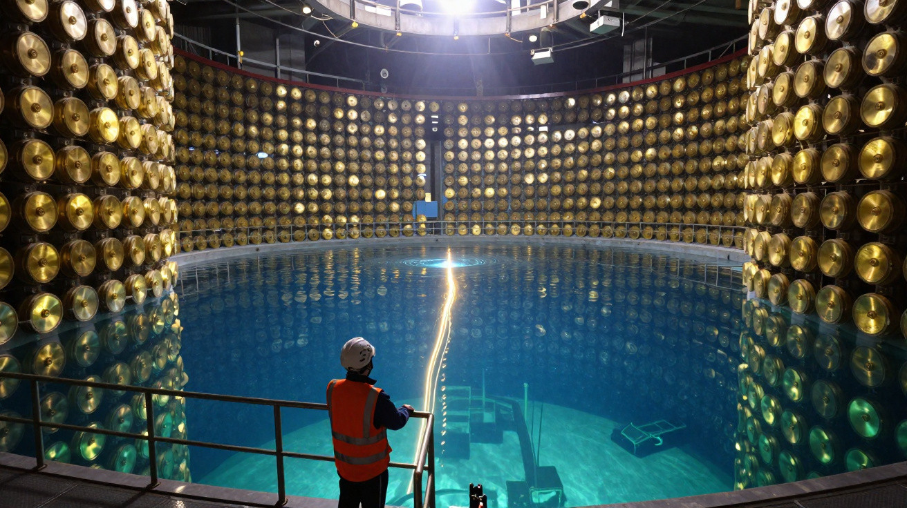 Person in Schutzweste und Helm beobachtet grosses Wasserbecken umgeben von vielen goldenen Zylindern.