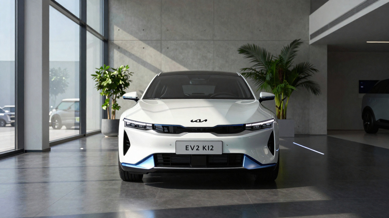 Weisser Elektroauto Kia EV2 KI2 in modernem Showroom mit grosser Fensterfront und Pflanzen.