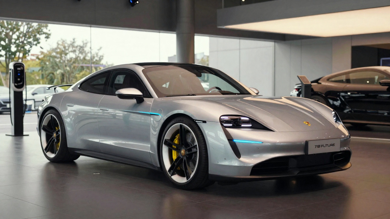 Silberner Porsche Taycan 718 Future Elektro-Sportwagen in modernem Showroom mit Ladestation.