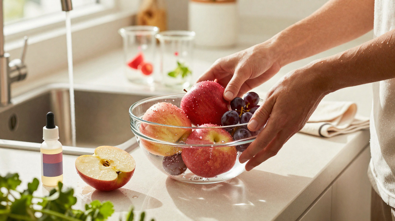 Person wäscht Äpfel und Trauben in einer Glasschüssel an der Küchenspüle mit fliessendem Wasser.