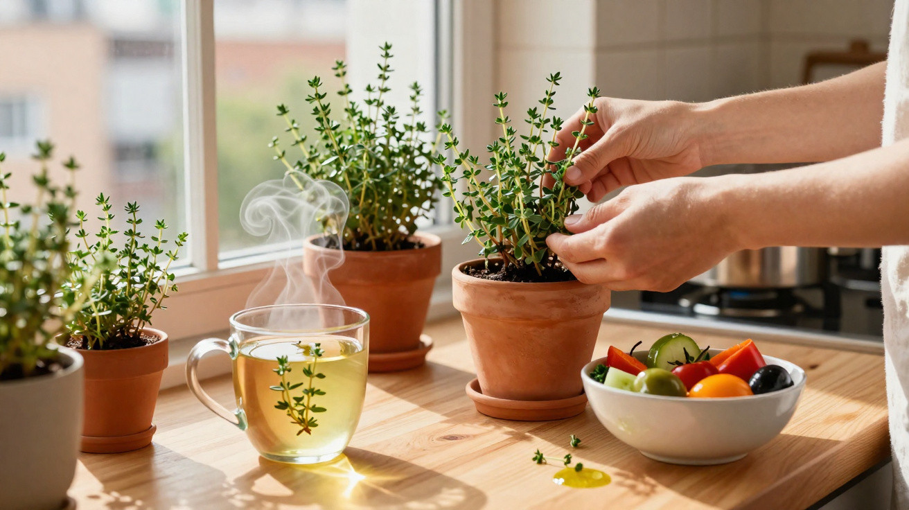 Dampfender Kräutertee, frischer Thymian in Tontöpfen und eine Schüssel mit Gemüse auf der Küchenarbeitsplatte.