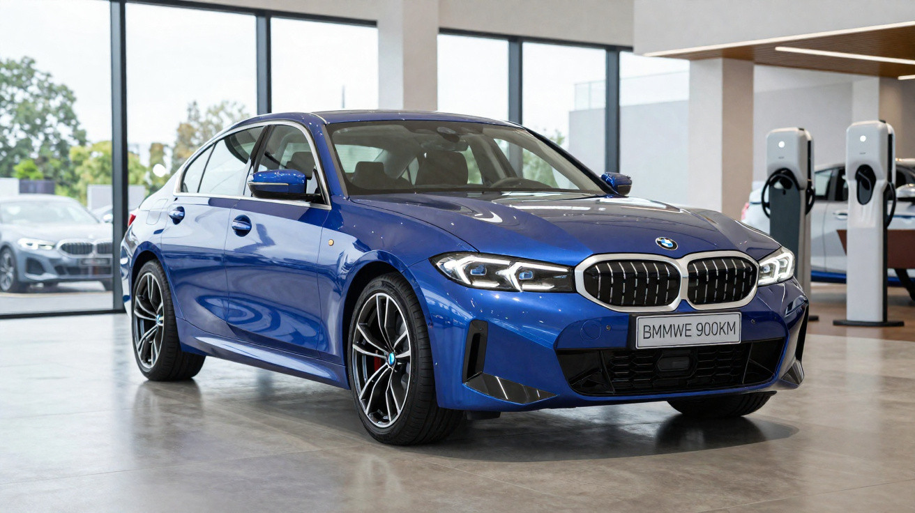 Blauer BMW 3er Limousine im Showroom mit grossen Fenstern und Elektro-Ladestationen im Hintergrund.