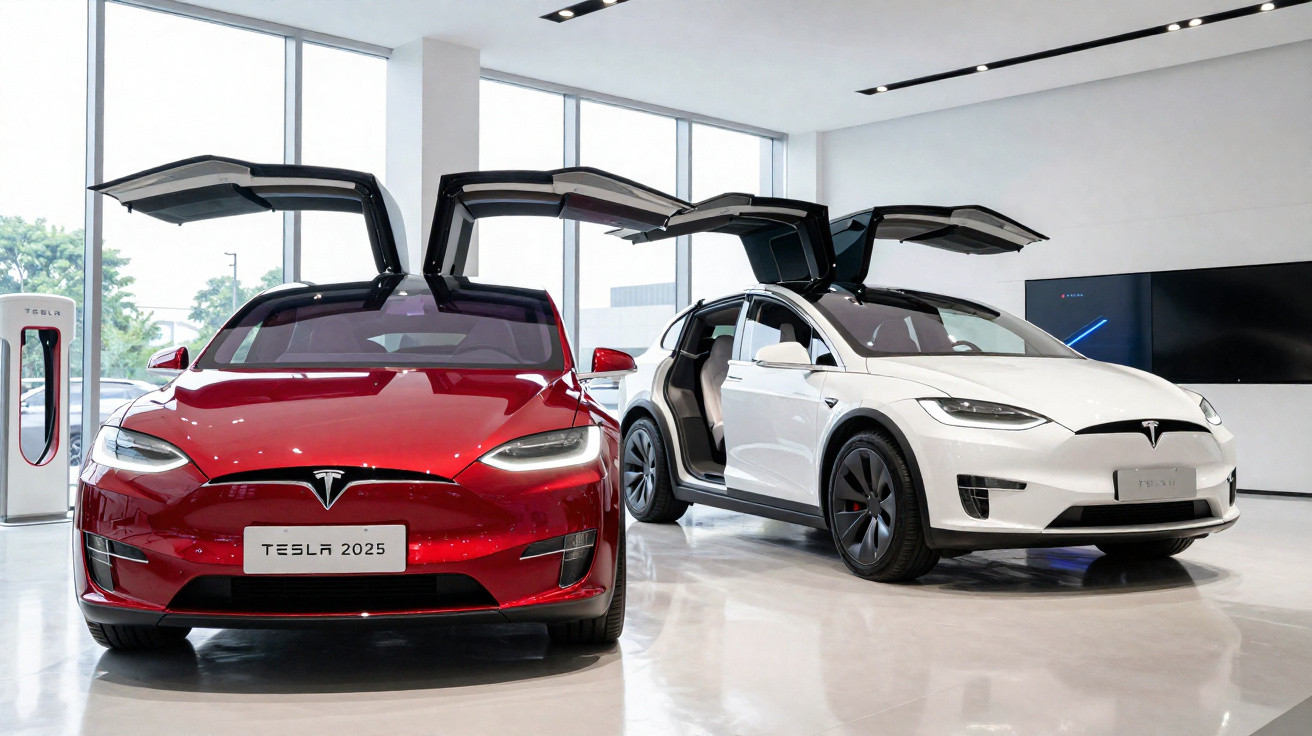 Zwei Tesla Model X Elektroautos mit geöffneten Flügeltüren in einem hellen Showroom.