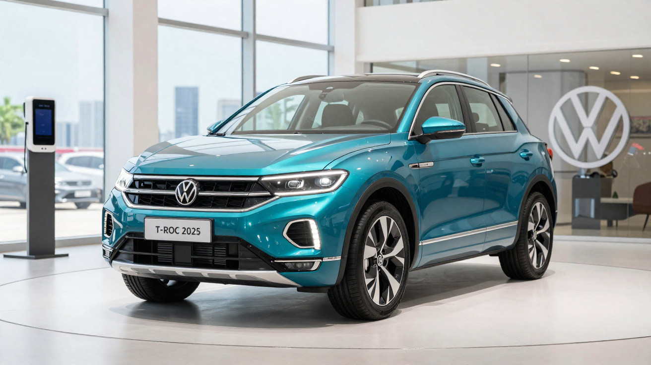 Türkisfarbener Volkswagen T-Roc 2025 SUV steht in einem hellen Autohaus mit grossen Fenstern.