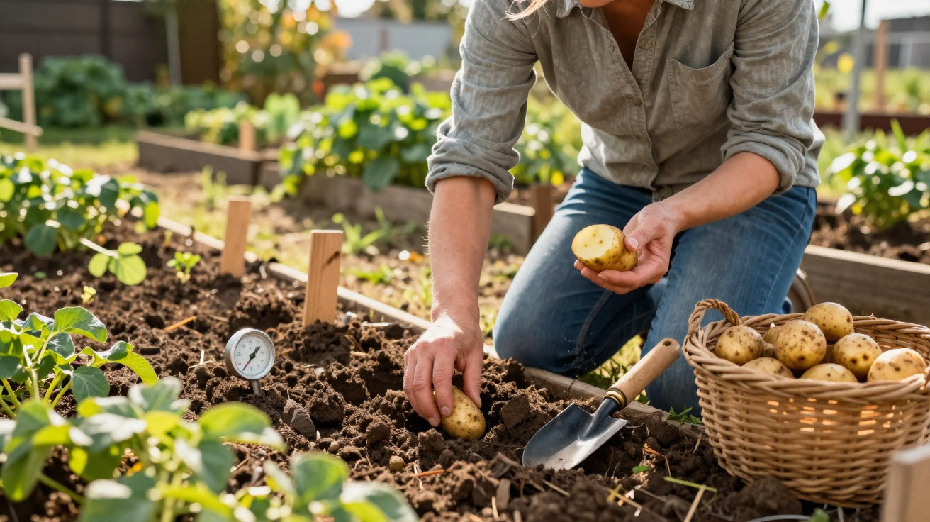 Person pflanzt Kartoffeln im Gemüsegarten neben einem Korb voller frischer Kartoffeln und einer Gartenschaufel.