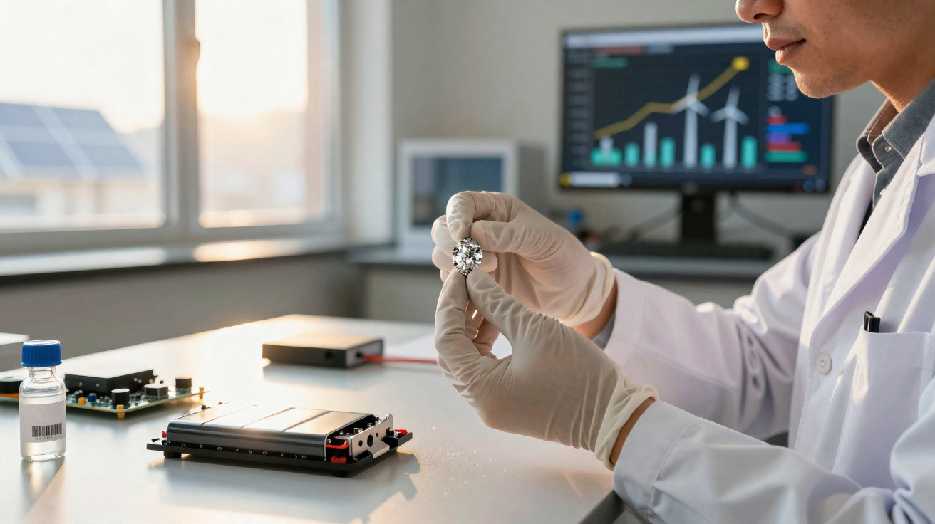Wissenschaftler mit Handschuhen hält Diamant in Labor mit Batterien und Bildschirm mit Datenanalyse.