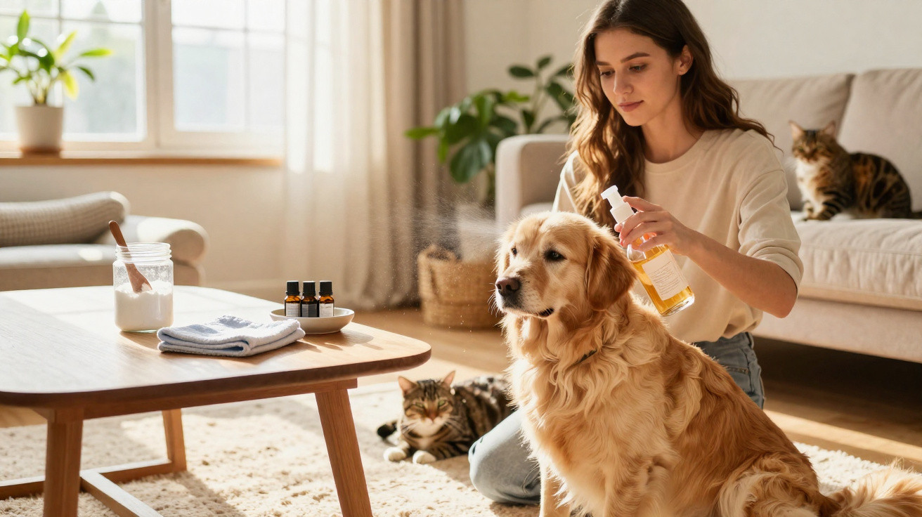 Frau sprüht Hund mit Spray ein, zwei Katzen sitzen im hellen Wohnzimmer mit Pflanzen.