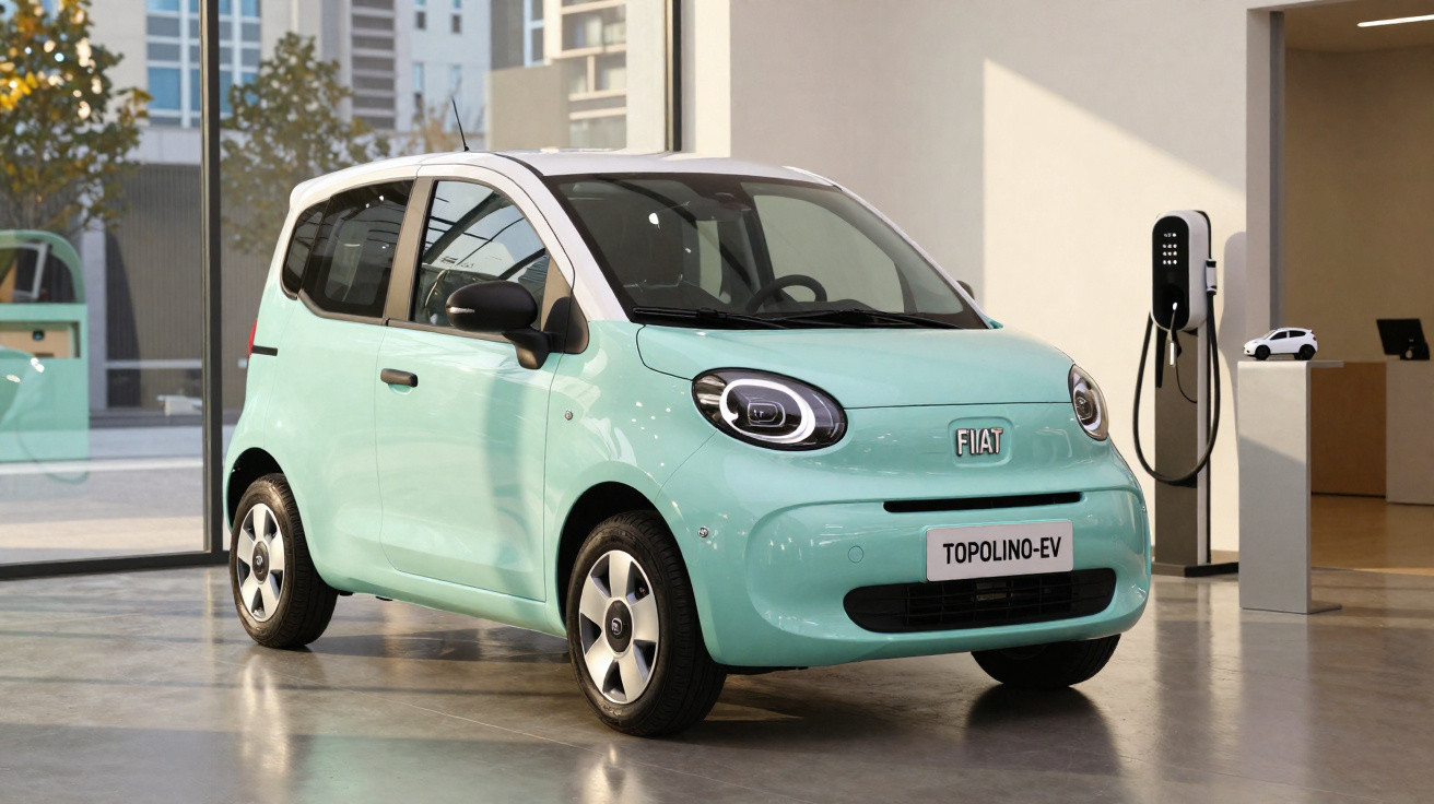 Hellgrünes Fiat Topolino-Elektroauto in modernem Showroom mit Ladestation an der Wand.