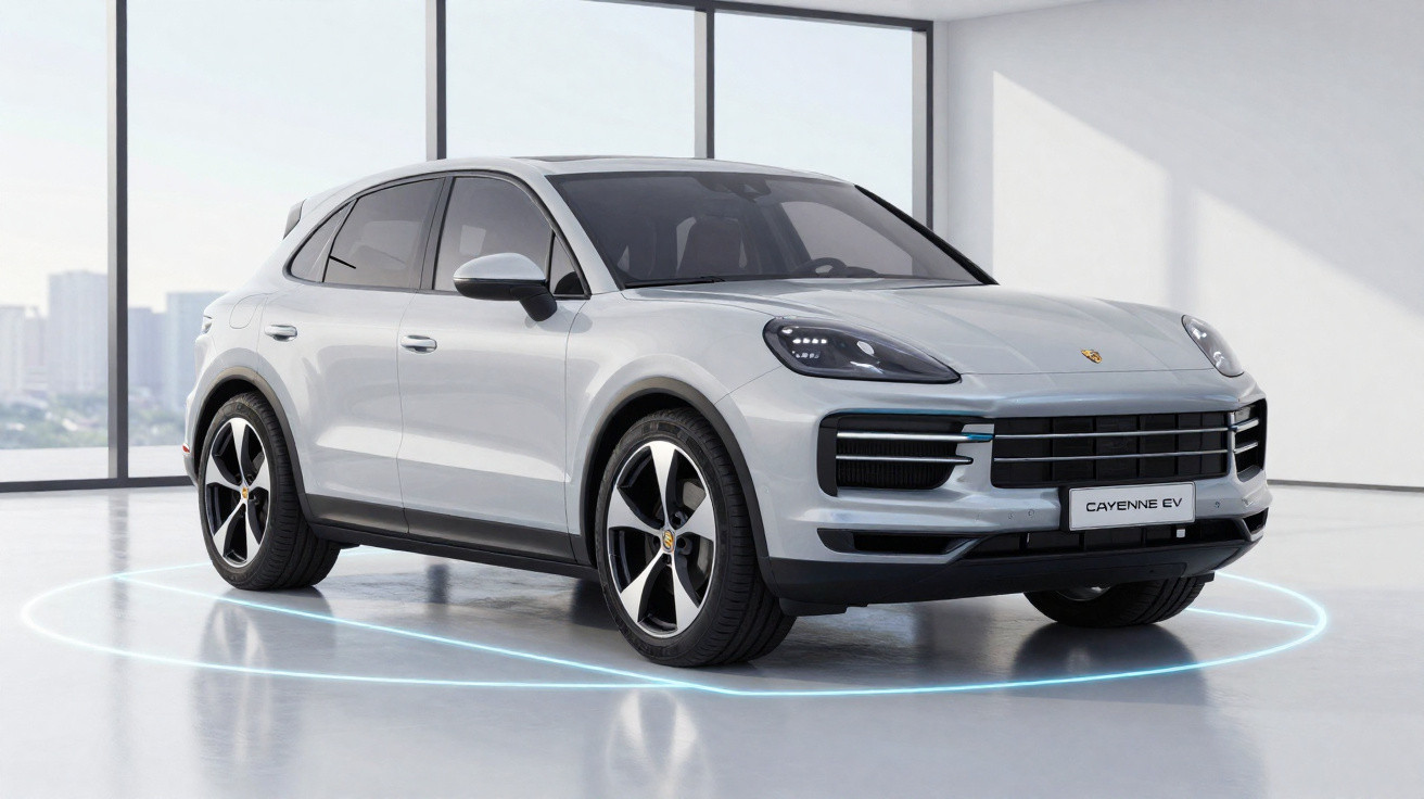 Weisser Porsche Cayenne EV Elektro-SUV in modernem, hellen Showroom mit grossen Fenstern und Lichtkreis auf Boden.