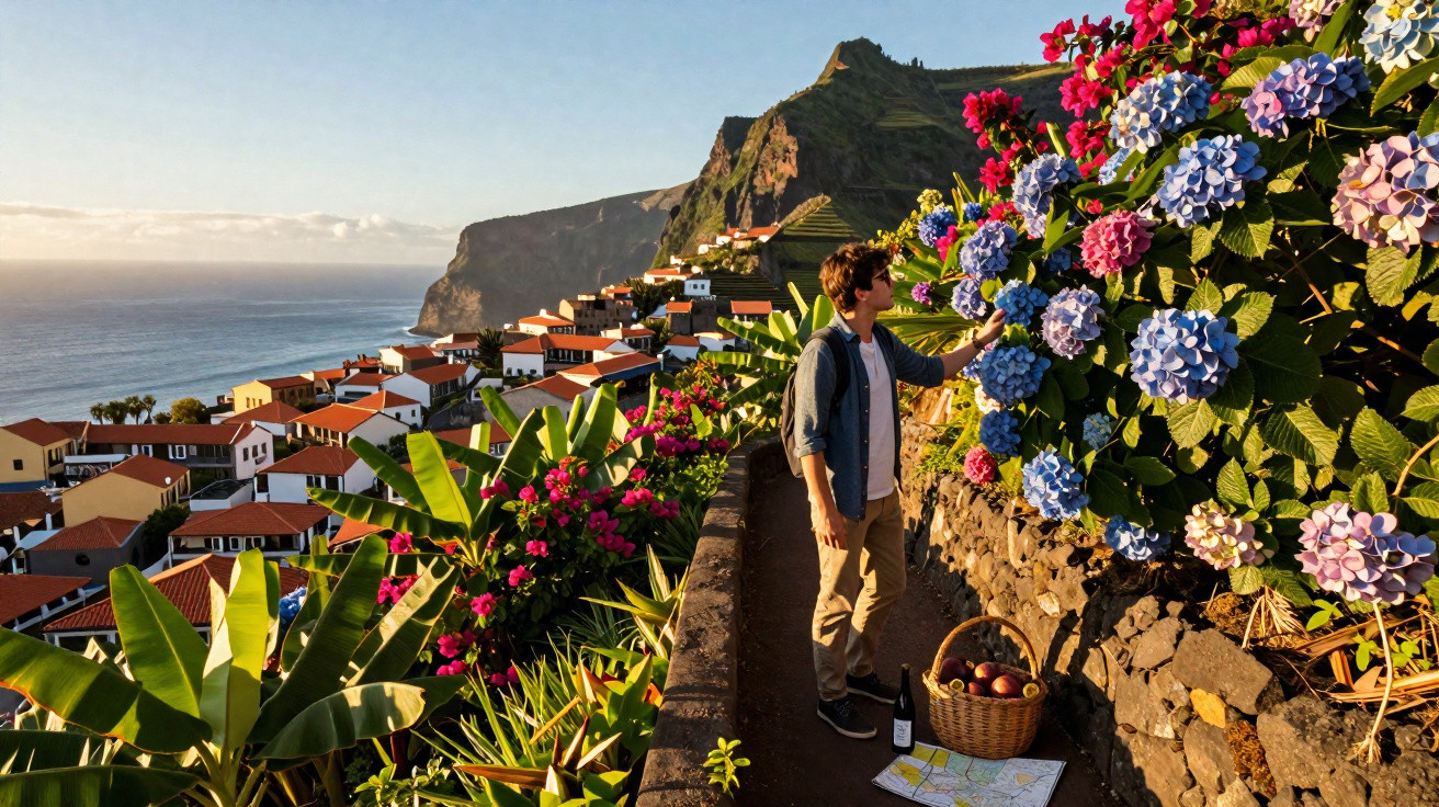 Person steht auf einem Pfad mit bunten Blumen, Blick auf Meer, Küste und Dorf unter sonnigem Himmel.