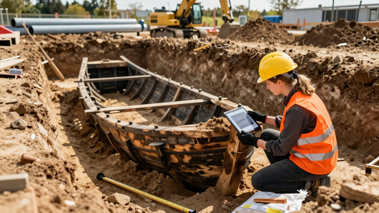 Archäologin mit Schutzhelm und Weste dokumentiert eine teilweise ausgegrabene hölzerne Bootsruine auf einer Baustelle.