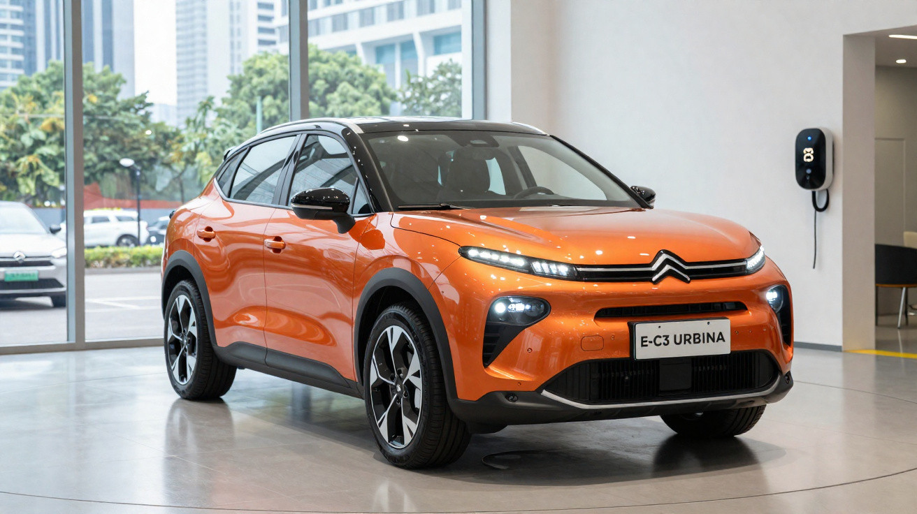 Oranger Citroën E-C3 URBINA Elektro-SUV in modernem Showroom mit Ladestation an der Wand.