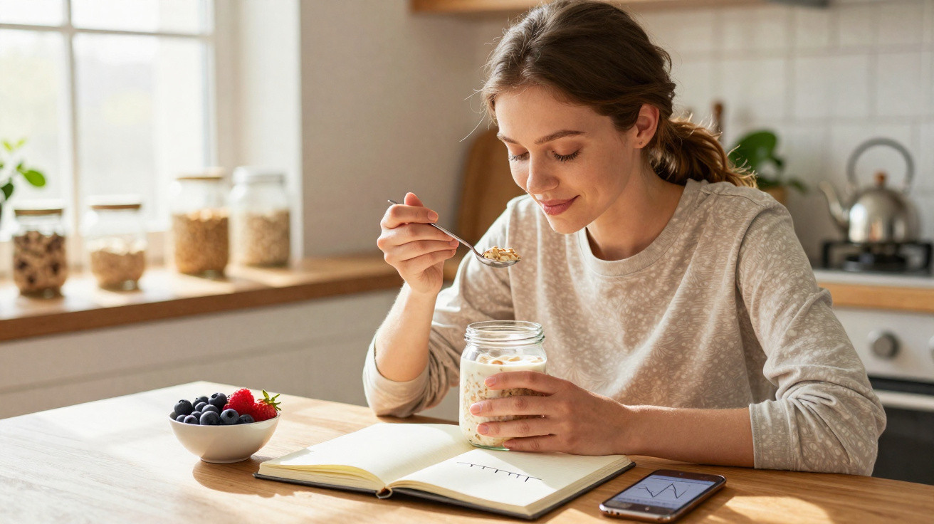 Frau isst Haferflocken mit Joghurt am Tisch, liest Notizen, neben Smartphone und Becher mit Beeren.