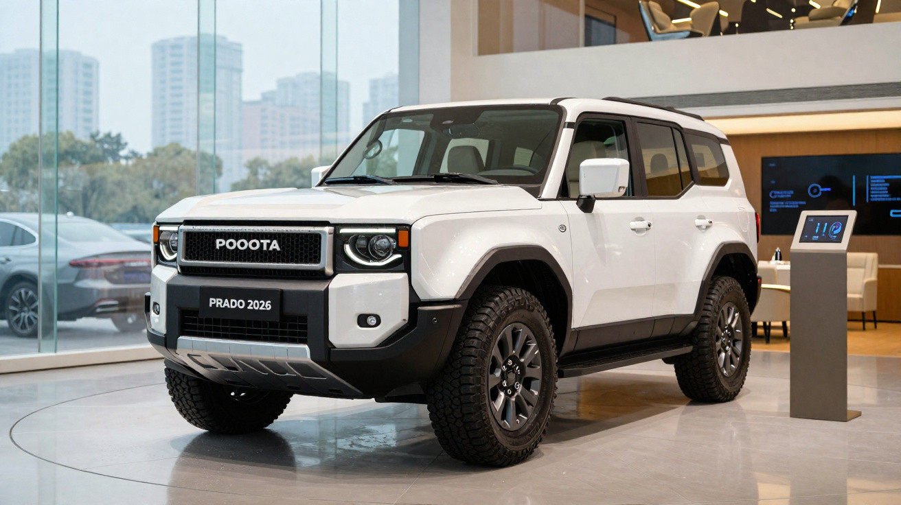 Weisser Geländewagen POOOTA PRADO 2026 in modernem Autohaus mit Glasfront und Monitor.