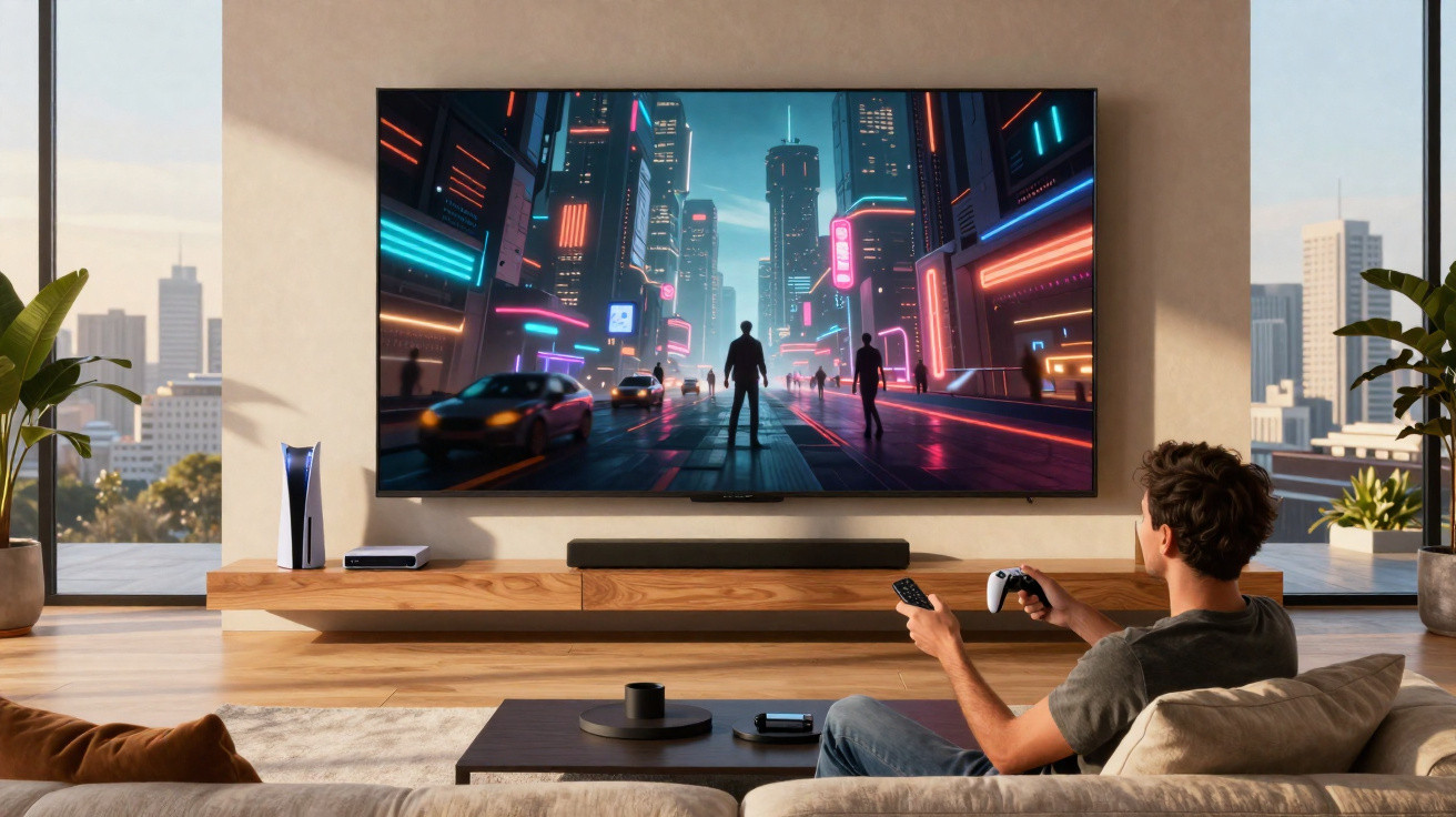Person sitzt auf Sofa und spielt ein futuristisches Videospiel auf grossem Bildschirm im modernen Wohnzimmer.