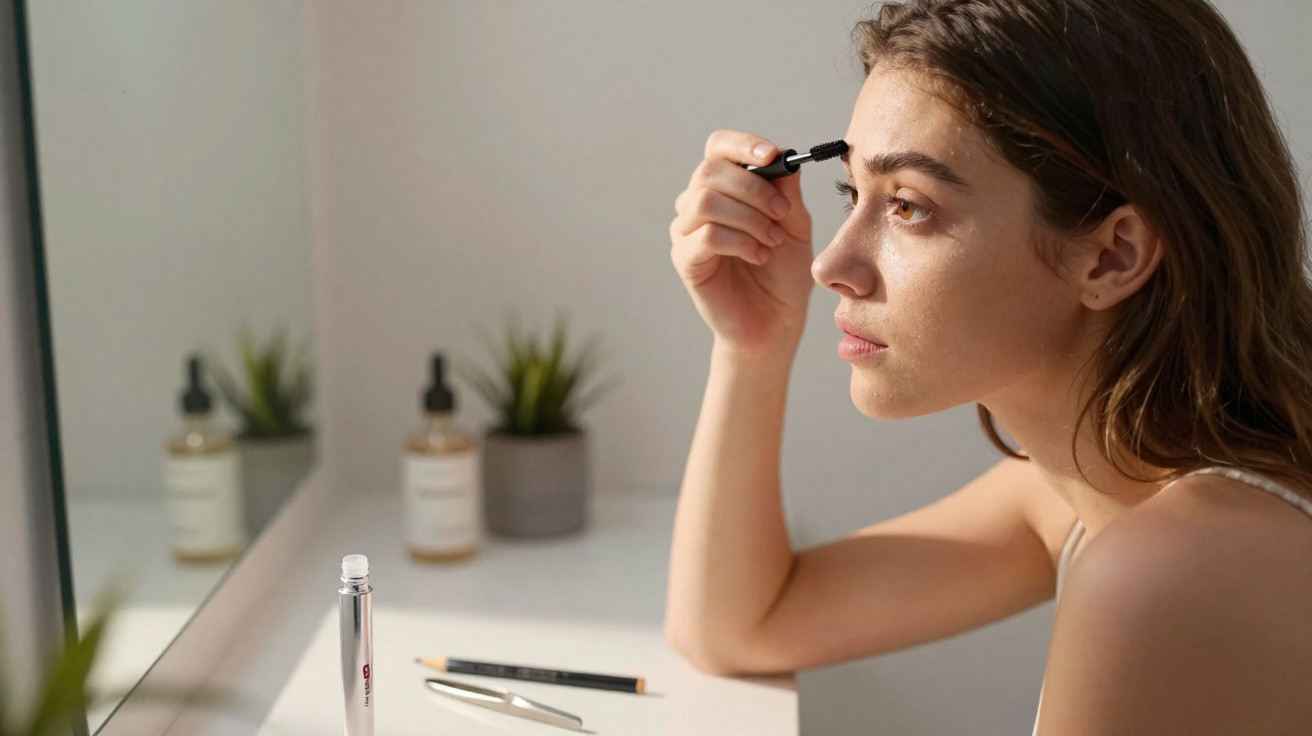 Frau trägt vorsichtig Augenbrauen-Make-up auf, sitzt vor Spiegel mit Pflanzen und Kosmetik auf weissem Tisch.
