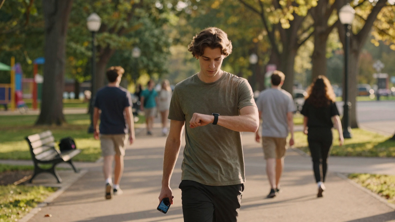 Junger Mann in Park schaut auf Smartwatch, während andere Leute im Hintergrund spazieren gehen.