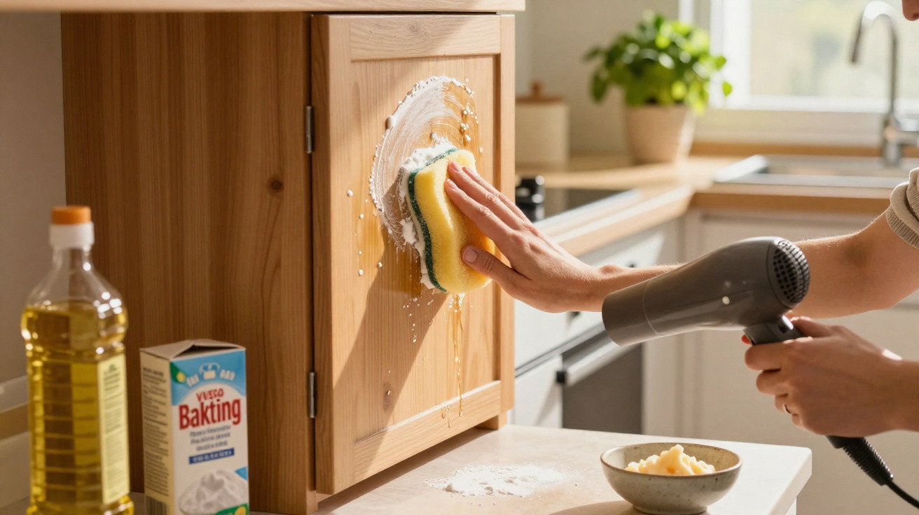 Person reinigt Holztür mit Schwamm und föhnt sie in heller Küche, Backpulver und Öl stehen daneben.