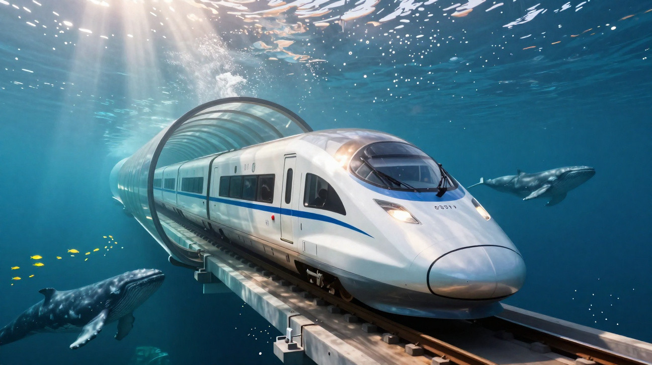 Moderner Hochgeschwindigkeitszug fährt in einem gläsernen Unterwassertunnel mit Walen und Fischen um ihn herum.