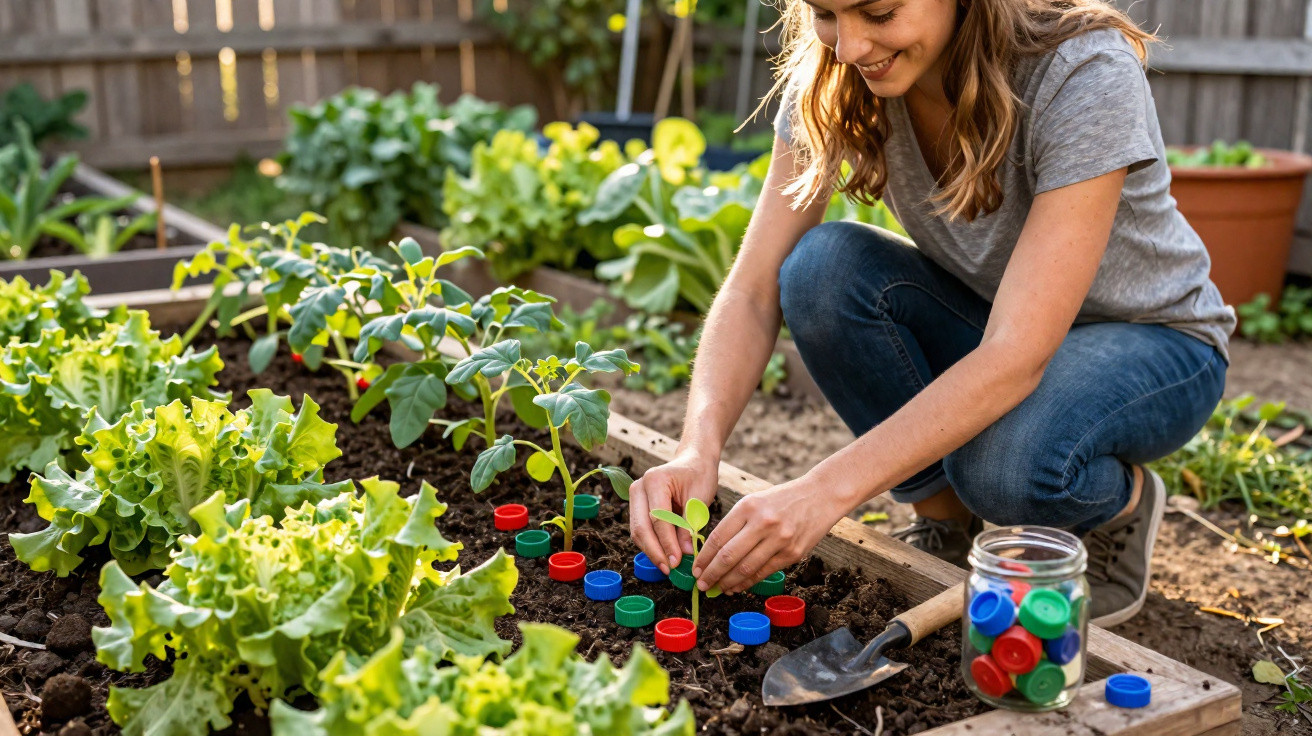 Frau pflanzt Jungpflanzen im Gartenbett, recycelte bunte Plastikdeckel als Markierungen.