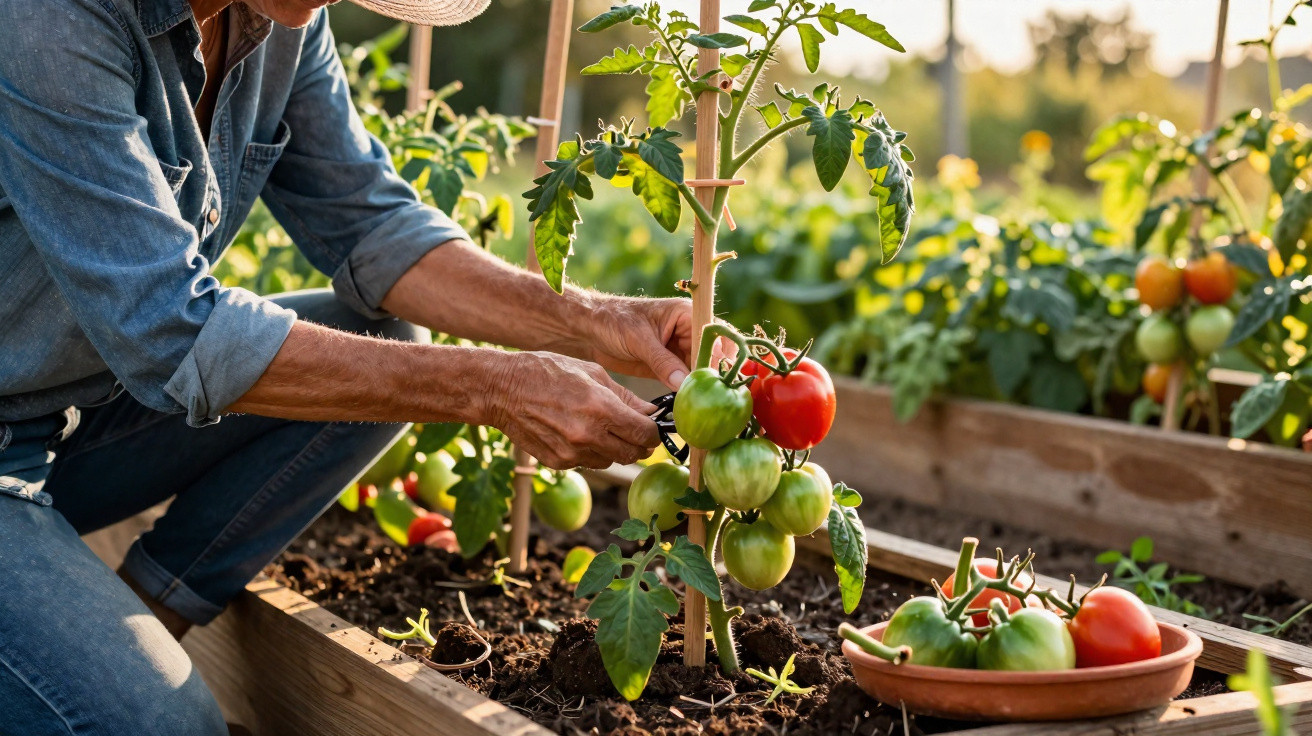 Person schneidet grüne Tomaten im Hochbeet bei Sonnenuntergang in einem Garten in der Schweiz.