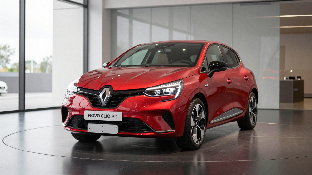Roter Renault Clio Neuwagen in moderner Ausstellungshalle mit grossem Fenster im Hintergrund.