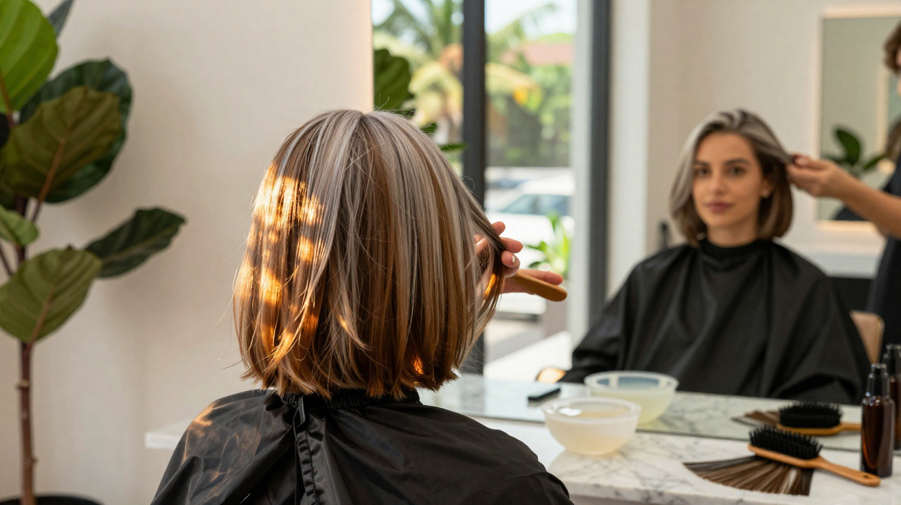 Frau mit kurzem blondem Haar sitzt im Friseursalon und betrachtet ihr Spiegelbild während Haarschnitt.