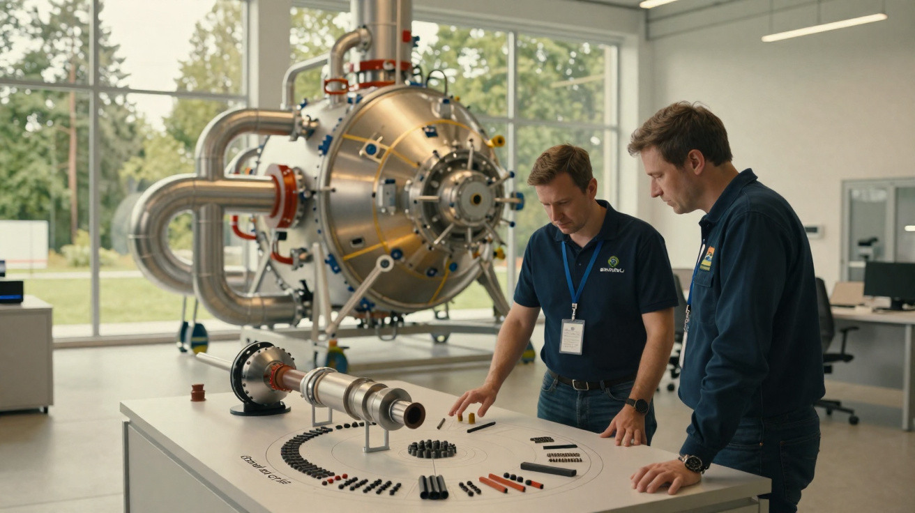 Zwei Ingenieure analysieren technische Bauteile auf einem Tisch in einem modernen Labor mit Maschine im Hintergrund.
