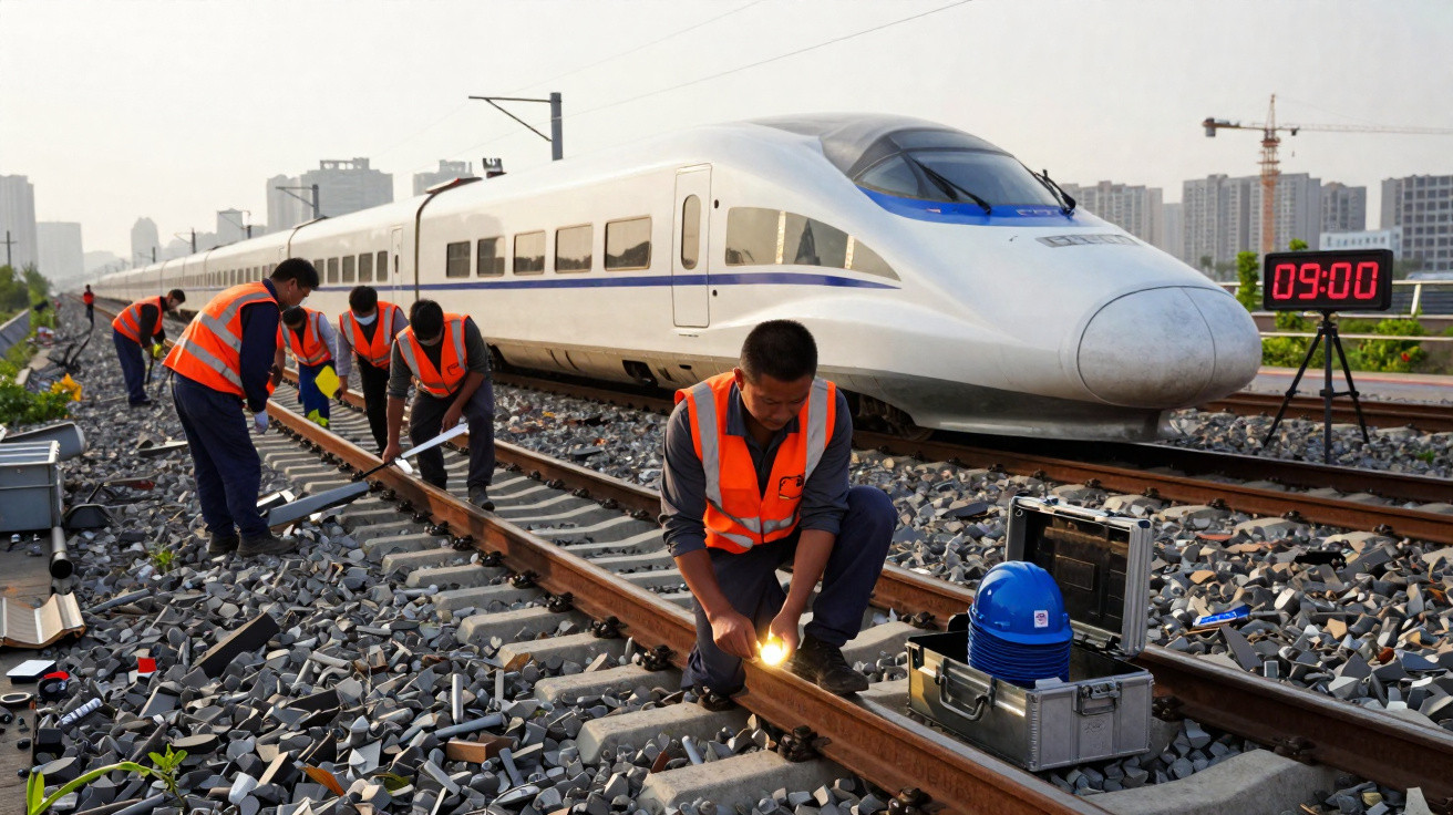 Mitarbeitende in orangen Westen prüfen die Gleise neben einem modernen Hochgeschwindigkeitszug bei Tageslicht.