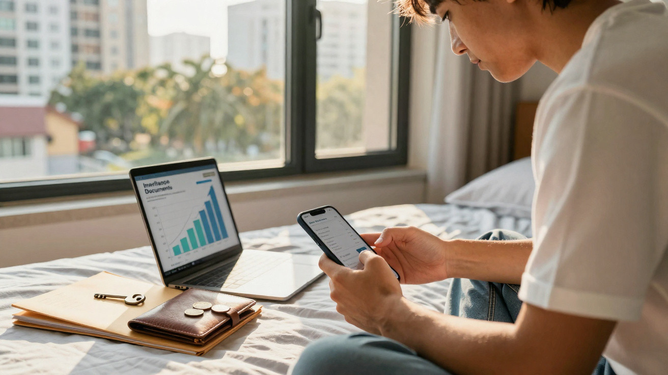 Person sitzt auf Bett, nutzt Smartphone, Laptop mit Wachstumsgrafik, Notizen und Geld auf Bettplatte.