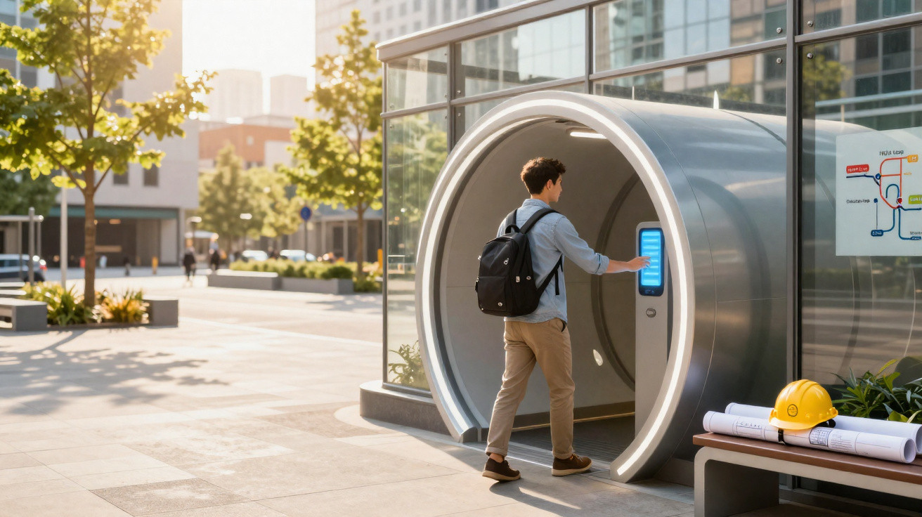 Junger Mann nutzt Touchscreen vor futuristischem U-Bahn-Eingang in städtischer Umgebung bei Sonnenschein.