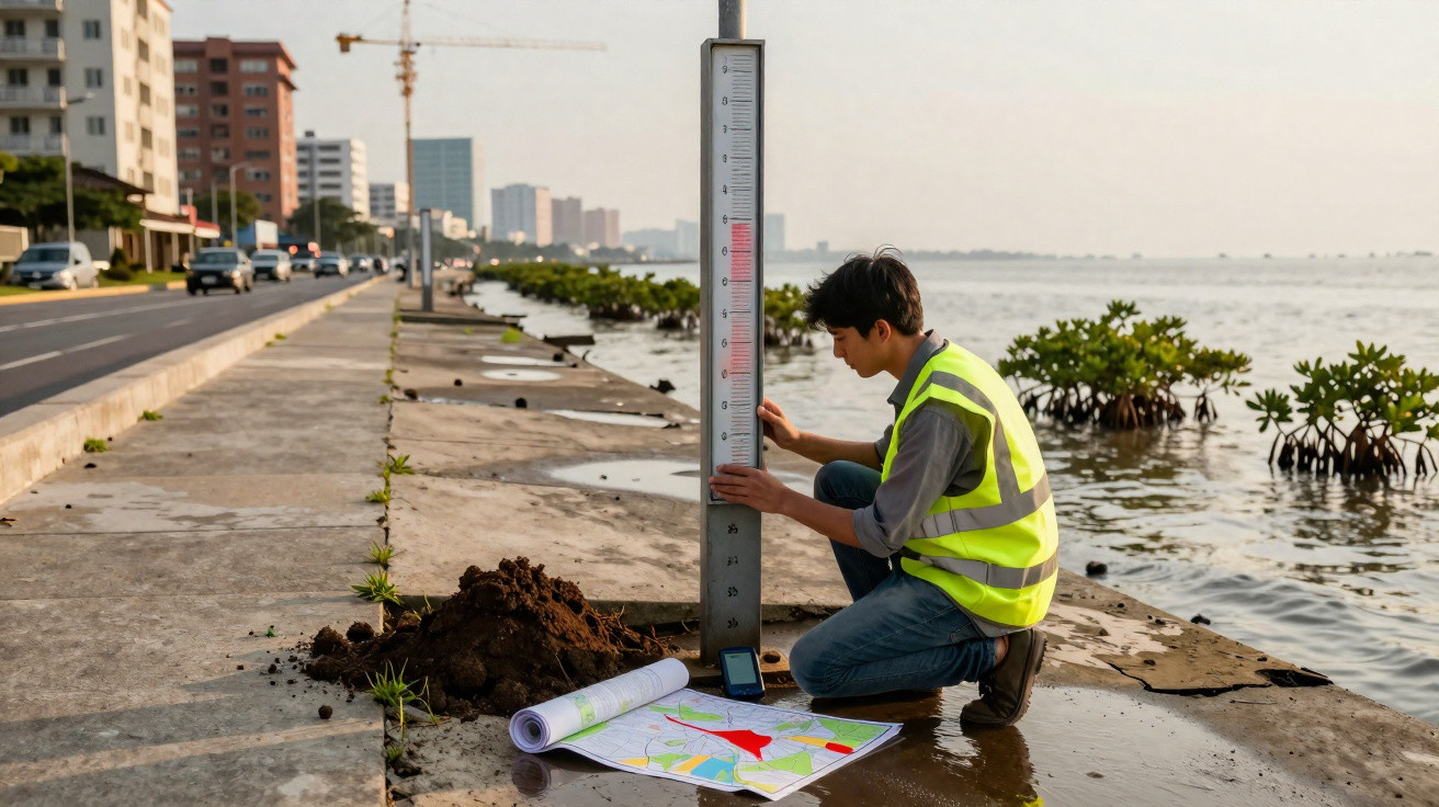 Mann mit Leuchtweste misst Wasserstand am Ufer mit Messlatte und Landkarte auf Betonboden.