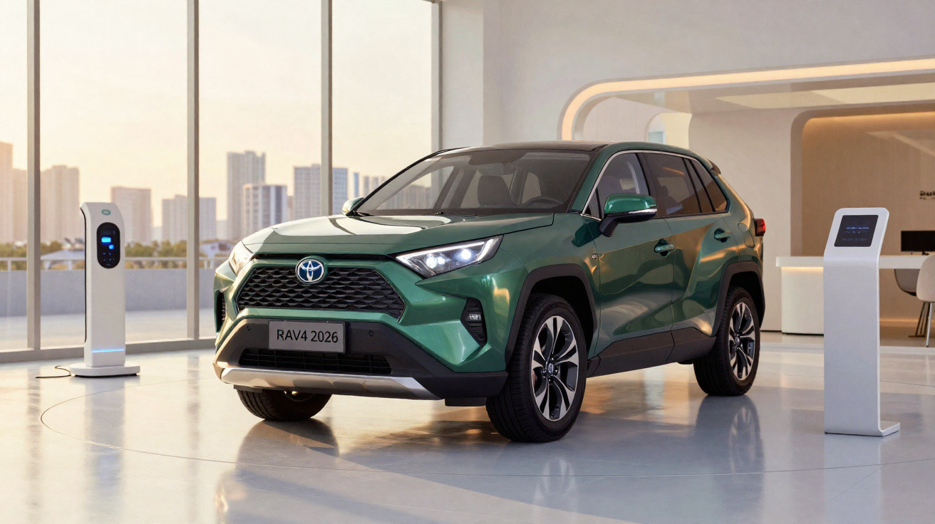 Grüner Toyota RAV4 2026 steht in modernem Showroom mit Elektro-Ladestationen neben grossen Fenstern.