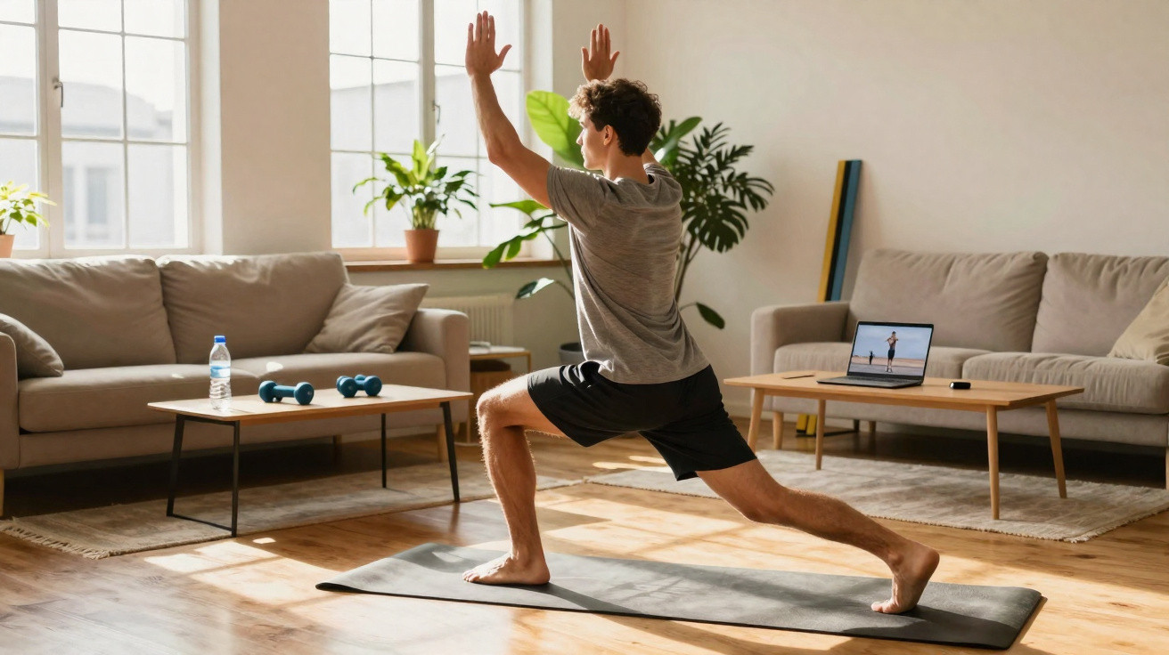 Mann macht Yoga-Dehnübung auf Matte im Wohnzimmer vor offenem Fenster und Laptop mit Yoga-Video.