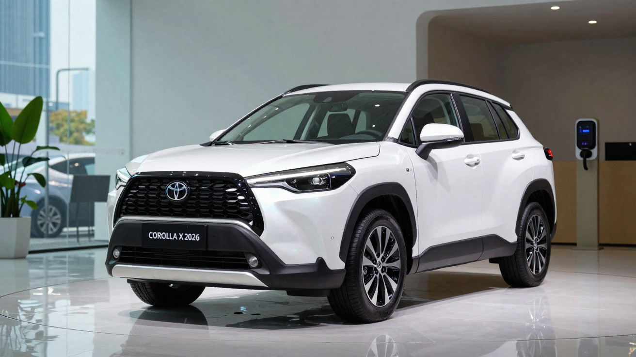 Weisser Toyota Corolla X 2026 SUV mit schwarzem Grill, präsentiert in hellem Showroom mit Pflanze und Ladestation.