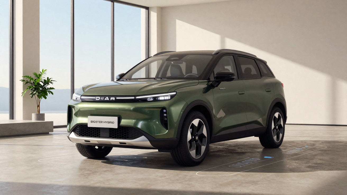 Grüner DIIAR Bigster Hybrid SUV in modernem, lichtdurchflutetem Showroom mit Pflanze im Hintergrund.