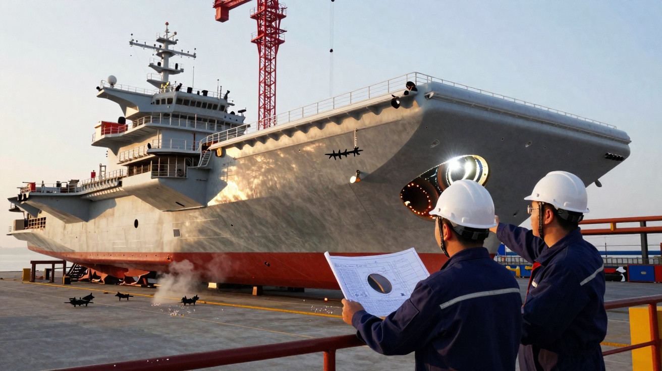 Zwei Arbeiter mit Helm inspizieren vor grossem Schiff im Trockendock einen Bauplan und die Schiffskonstruktion.