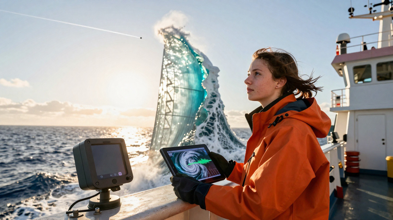 Frau in oranger Jacke hält Tablet auf einem Schiff, grosse Welle bricht im Sonnenlicht im Hintergrund.