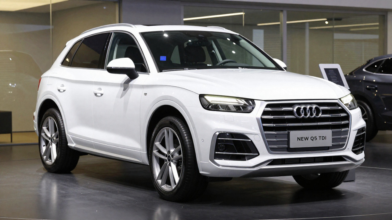 Weisser Audi Q5 TDI SUV steht in einem hellen, modernen Autoausstellungsraum.