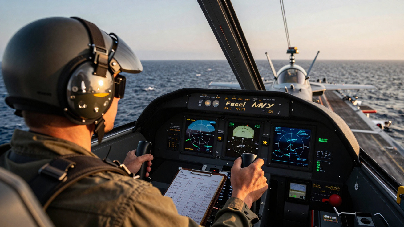 Pilot mit Helm steuert Helikopter über dem Meer, Sicht auf Instrumententafel und Flugzeugtragfläche draußen.