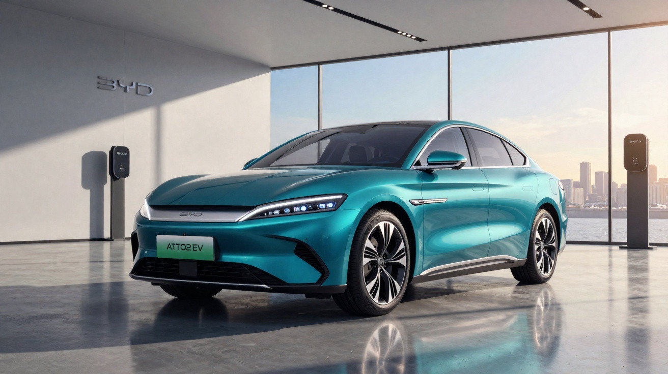 Blauer BYD ATTO 2 Elektroauto in modernem Showroom mit Ladesäulen und Stadtblick im Hintergrund.