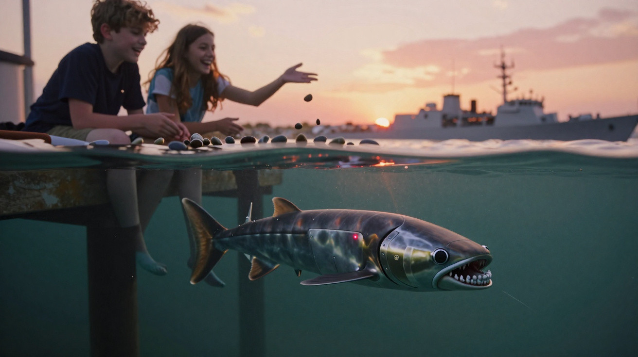 Zwei Kinder sitzen auf einem Steg und füttern einen Unterwasser-Roboterfisch bei Sonnenuntergang.