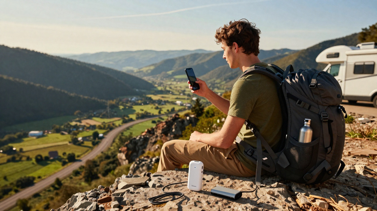 Mann mit Rucksack sitzt auf Felsen und benutzt Handy, mit Landschaft und Camper im Hintergrund.